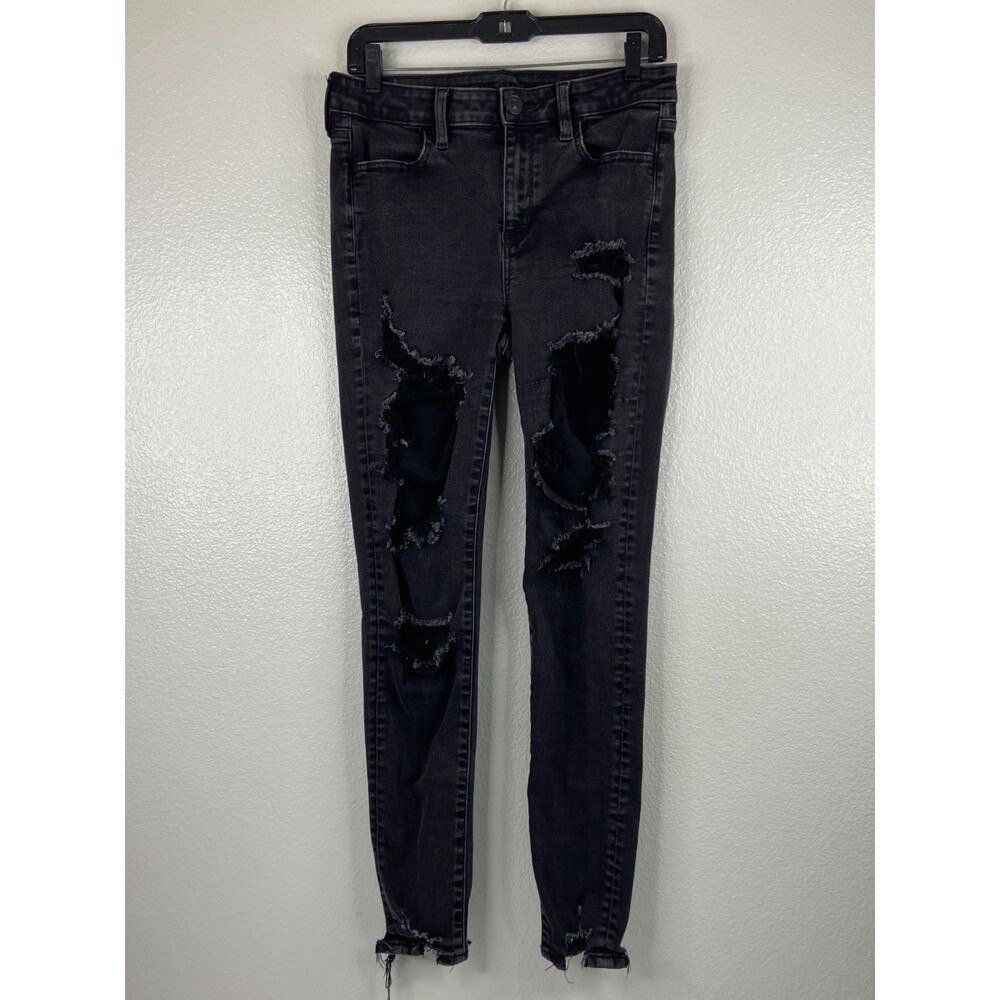 American Eagle Women 8 Black Jeans Next Level Stretch Distressed Skinny